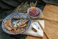 Salmon kabutoni steamed with sweet soya sauce with golden needle mushroom and sliced Ã¢â¬â¹Ã¢â¬â¹ginger served with riceberry rice Royalty Free Stock Photo